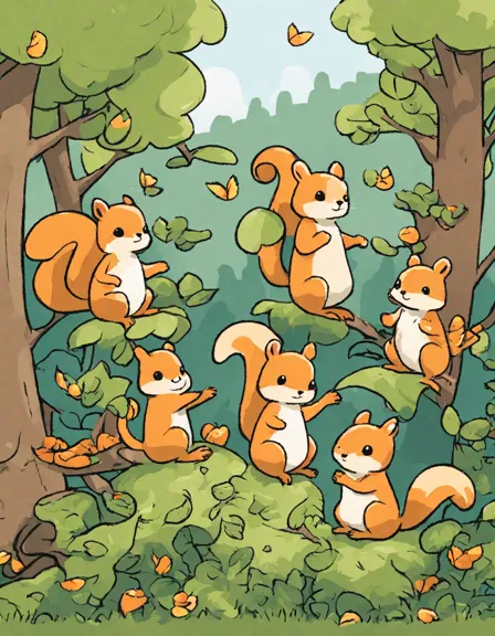 Coloring book image of enchanted woodland scene featuring squirrels playing amidst towering trees with lush greenery and dancing leaves in color
