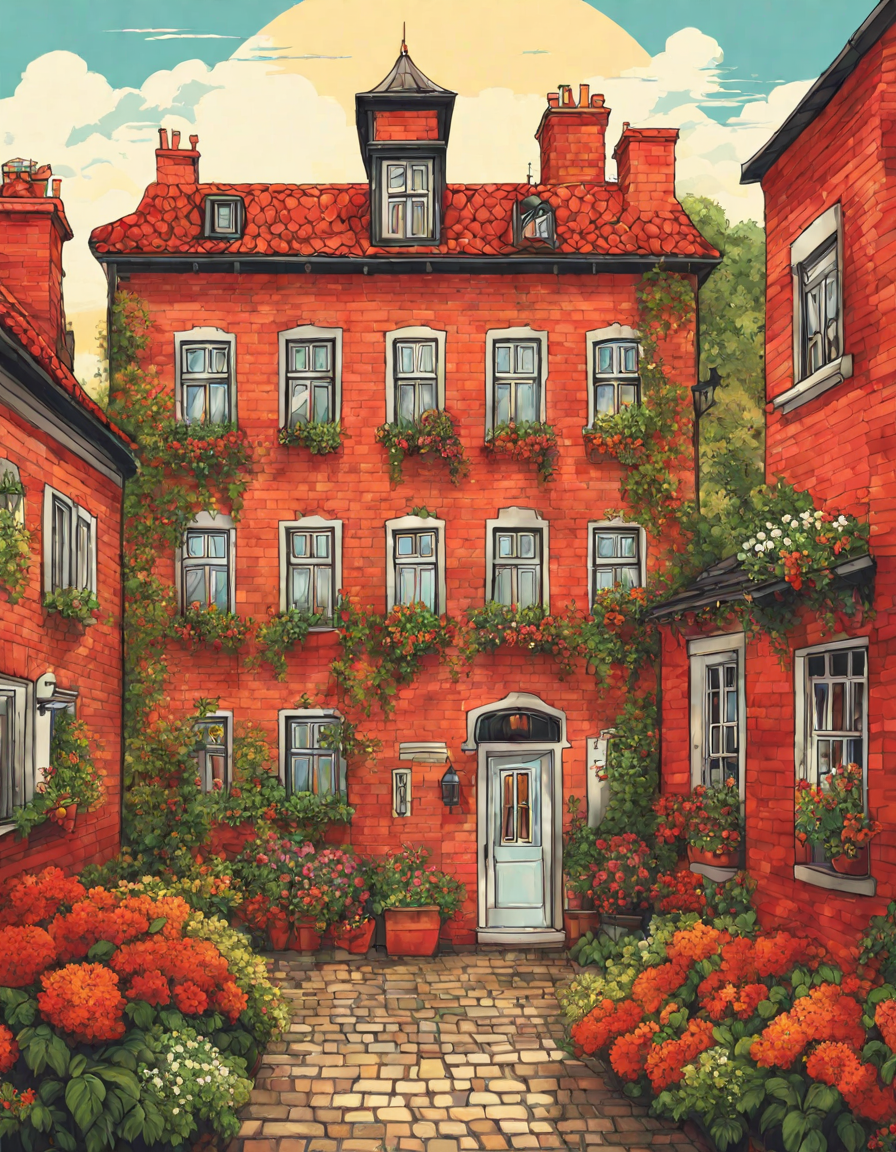 charming red brick village houses on cobblestone streets, adorned with window frames and lush gardens, on a coloring book page in color