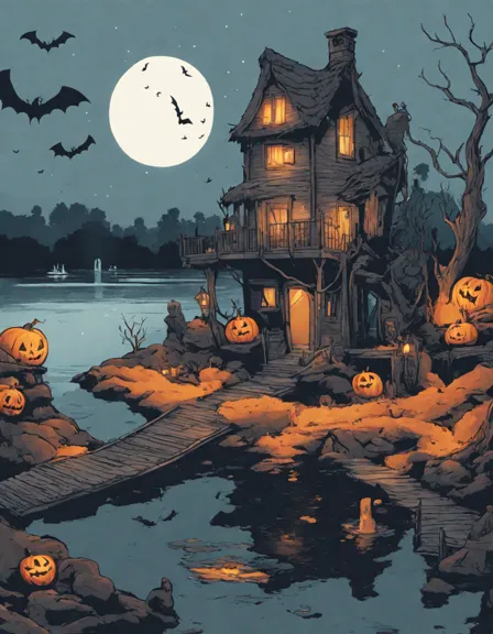 Coloring book image of eerie moonlit haunted lake with ancient trees and a dilapidated mansion adding to the halloween atmosphere in color