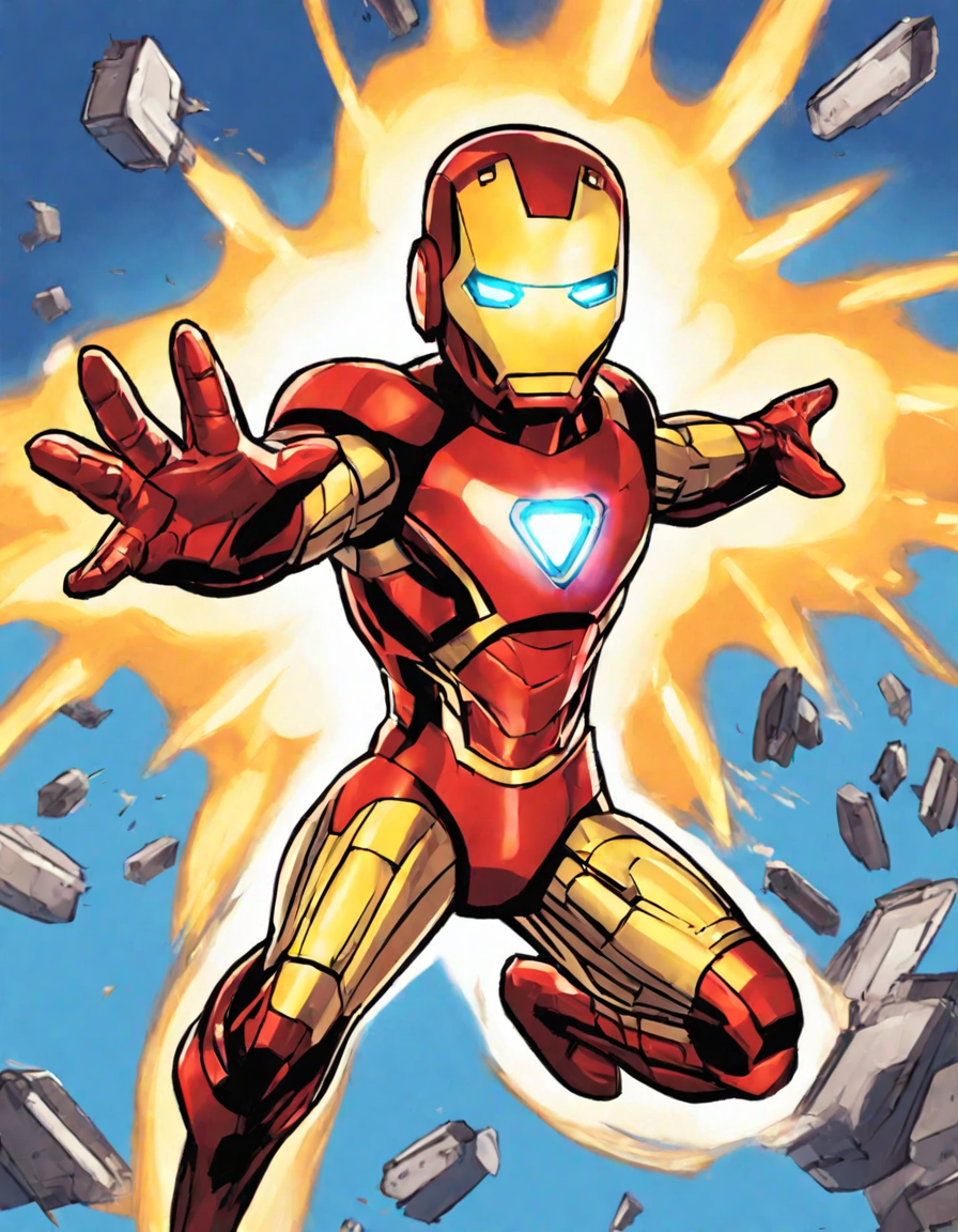 Coloring book image of iron man in flight with repulsor blasts at the ready in color