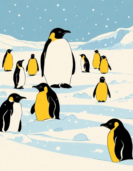 Coloring book image of emperor penguin parents and chicks marching across snowy antarctic landscape in color