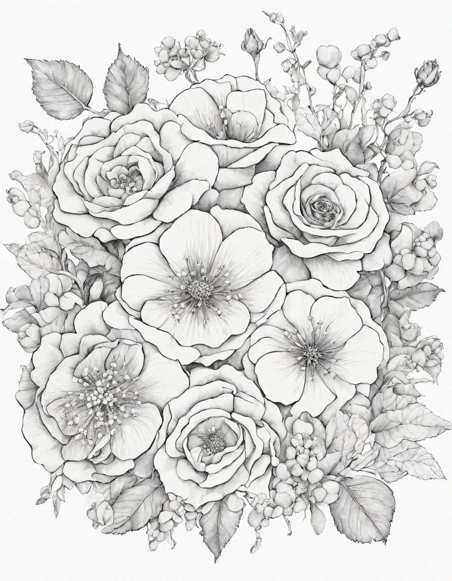 floral symphony: an intricate arrangement coloring page with detailed flowers for immersive creativity in color
