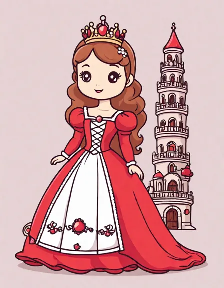 Coloring book image of princess ruby in a ruby-adorned gown at her first royal ball in moonstone castle's grand hall in color