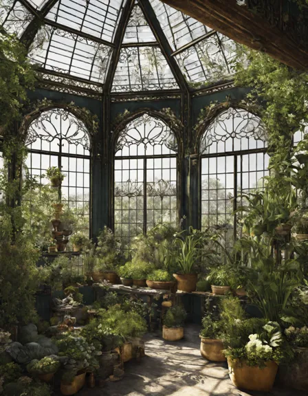 victorian greenhouse coloring page with delicate glass panels and intricate ironwork, surrounded by lush garden and exotic plants in color
