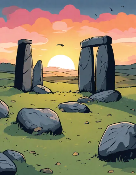 stonehenge silhouette against stunning sunset sky in a coloring page capturing ancient mystique and magical dusk, surrounded by english countryside in color