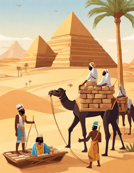 Coloring book image of workers and engineers constructing a pyramid under the egyptian sun, overseen by a pharaoh in color