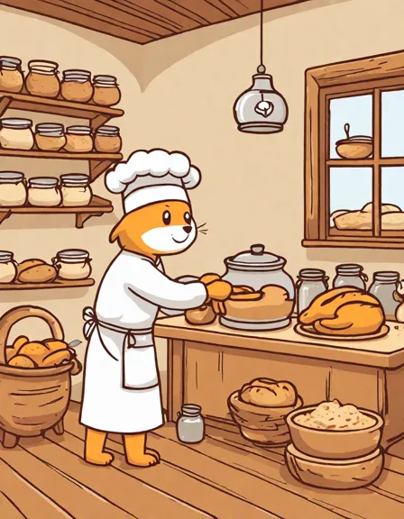 coloring book page featuring sourdough bread making with ingredients and an open oven in color