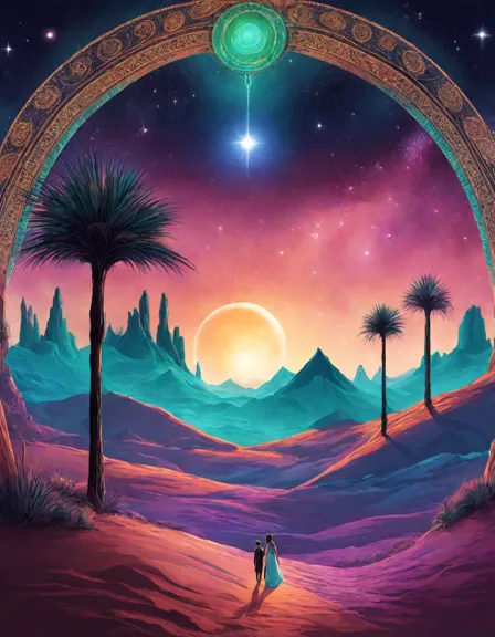 Coloring book image of celestial desert oasis with ethereal mirages and vibrant hues of amethyst, aquamarine, and emerald under a starry sky in color