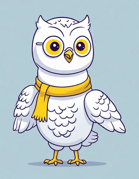 Coloring book image of snow-laden forest with snowy owl, piercing yellow eyes, intricate barred plumage in color
