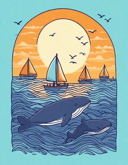 coloring page of whales migrating in the ocean with a sailboat and sunset in color