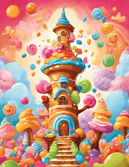 Coloring book image of illustration of candy land's toffee tower with its candy jewel facade and challenging caramel staircase in color