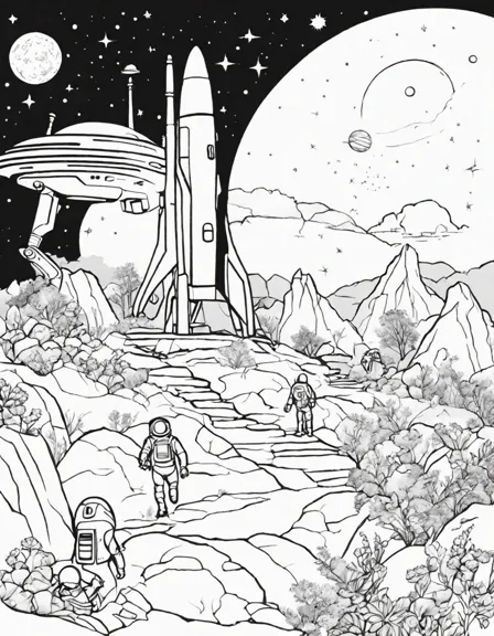 kids' coloring page of astronauts exploring a vibrant alien planet with futuristic spacecraft in color