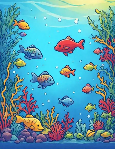 coloring page featuring vibrant fish and coral reefs in an underwater scene in color
