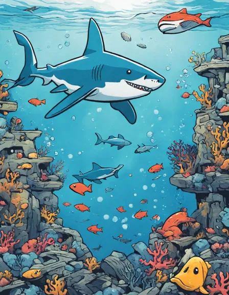 intricate coloring book illustration of a shark amidst colorful coral reefs and swirling ocean currents, showcasing its stealthy ambush in the ocean's depths in color