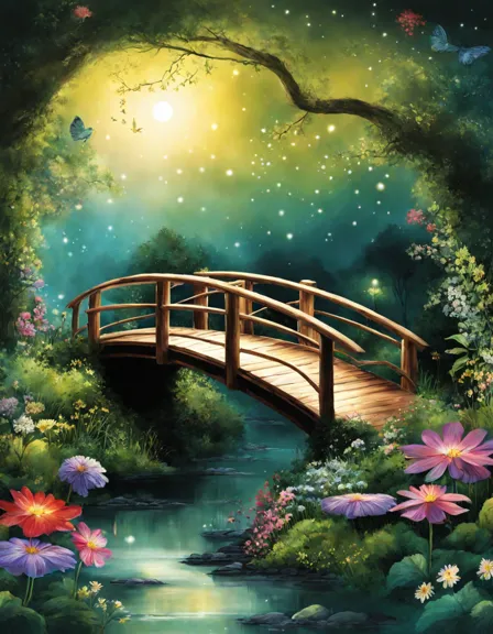 Coloring book image of enchanting wooden bridge over a sparkling stream adorned with fairy lights, colorful wildflowers, and shimmering fairies under a moonlit sky in color