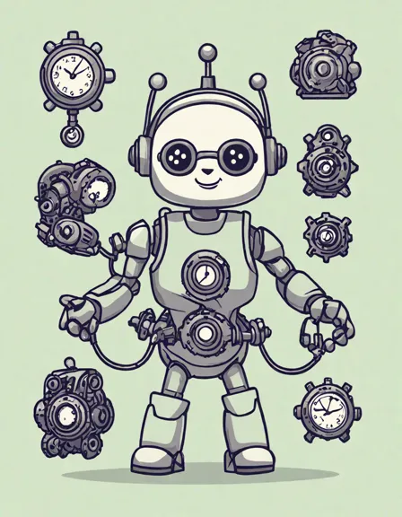 coloring book image of diverse time-traveling robots with inventions, surrounded by gears and clocks in color