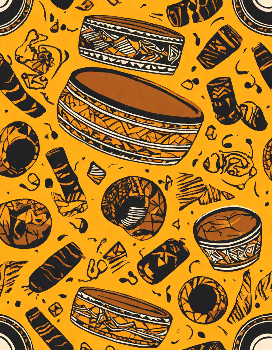 djembe drum coloring page featuring traditional african carvings, motifs, and musical notes in color
