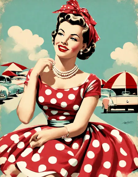 iconic 1950s pin-up style coloring book page: classic model in polka dot dress, pearls, headscarf, by vintage convertible on palm-lined boulevard in color