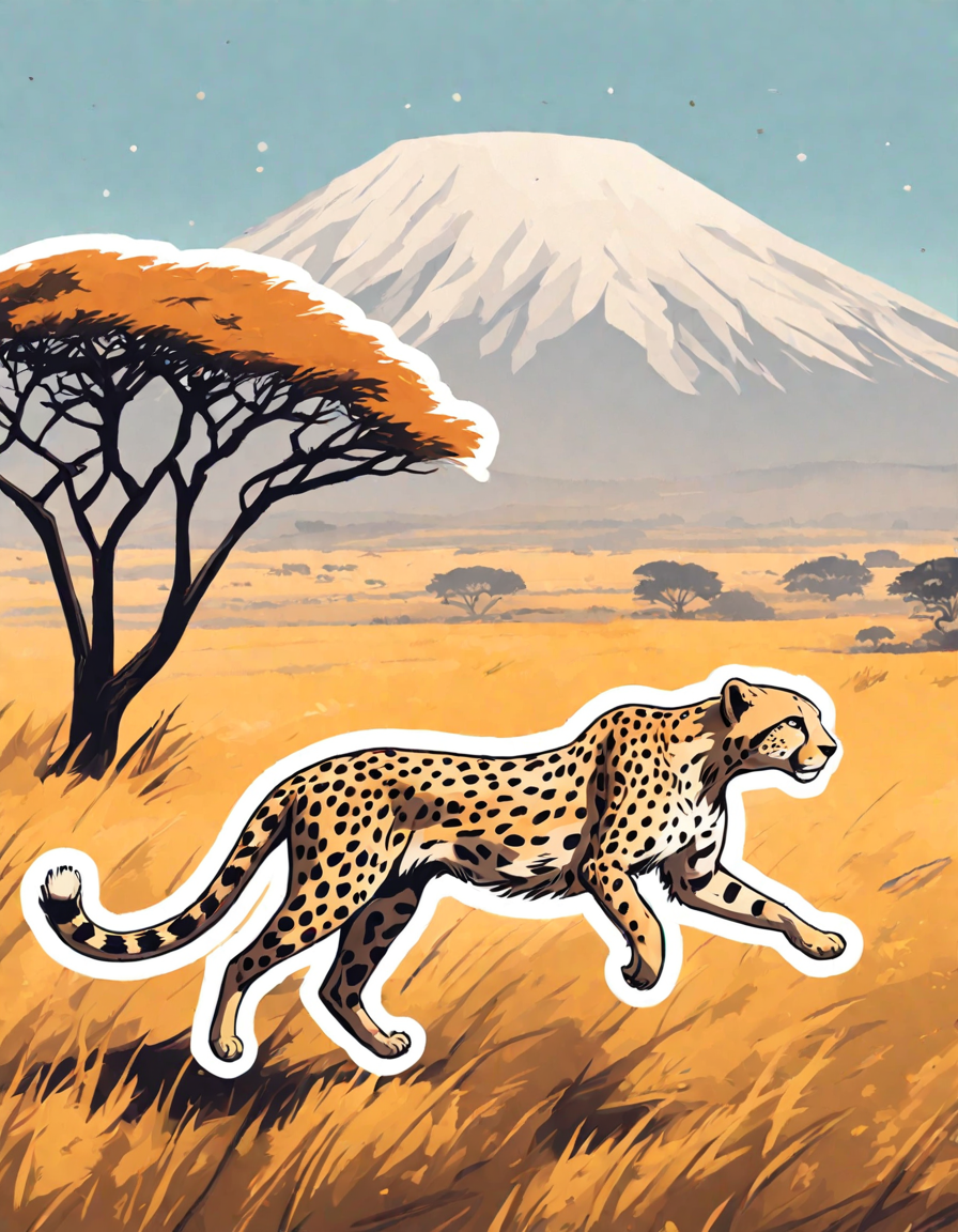 cheetah sprinting in savannah coloring page with acacia trees and distant hills in color