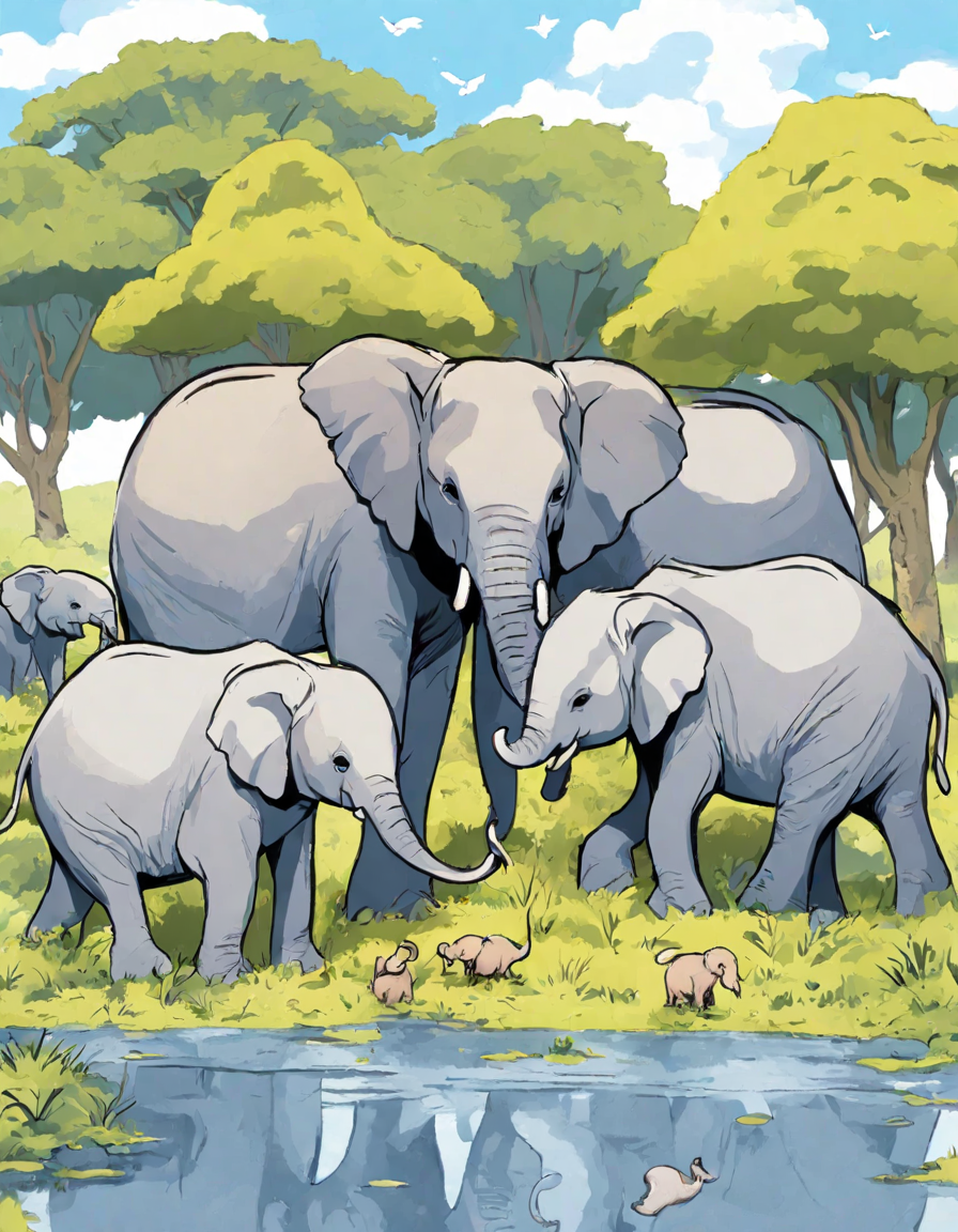 herd of elephants at a watering hole with birds, coloring page image in color