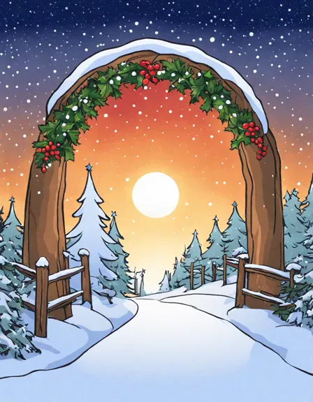 coloring book image of a snowy path leading to a village with christmas decorations and evergreens in color