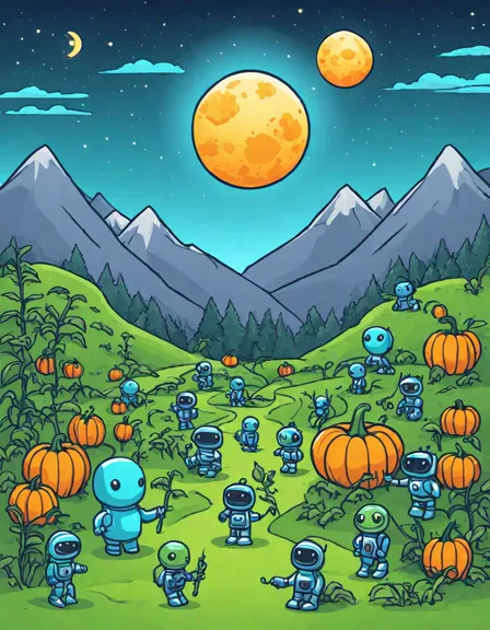 coloring page of an alien farm with floating square pumpkins, glowing crops, and multi-limbed alien farmers in color