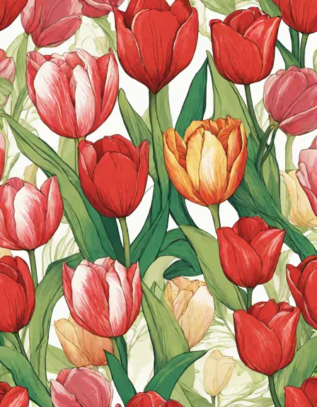 vibrant tulips in bloom intricate coloring page with various tulips in full bloom, surrounded by delicate leaves and flowers, perfect for nature lovers in color
