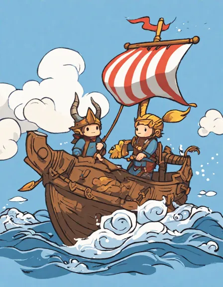 coloring book page featuring a viking leader on a drakkar at sea amidst waves in color