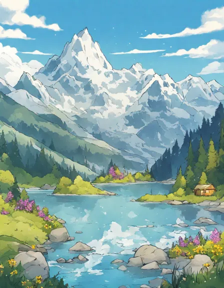 serene mountain lake with towering snow-capped peaks, wildflowers, and gentle breezes creating a peaceful haven in a coloring book in color