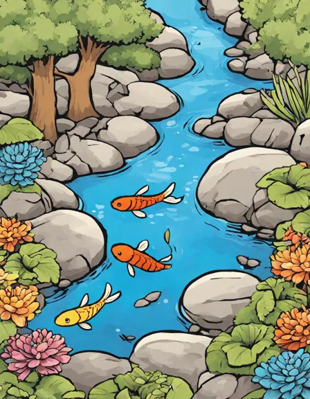 zen garden coloring page with koi fish, dragonflies, songbirds, and nature in color