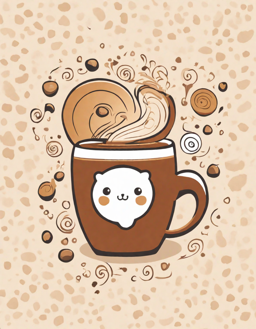 espresso-inspired coloring page with intricate swirls and rosettes on a creamy latte background in color