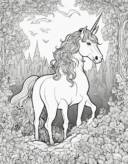 mystical unicorn searches for treasure in an ancient magical forest coloring book image in color