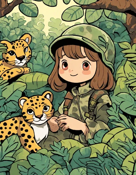 jungle safari coloring book scene with camouflaged leopards in dense foliage in color