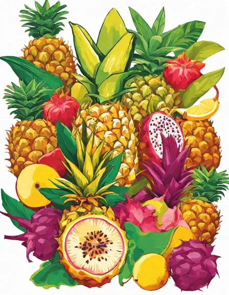 coloring page featuring an array of tropical fruits and lush leaves inviting artistic exploration in color