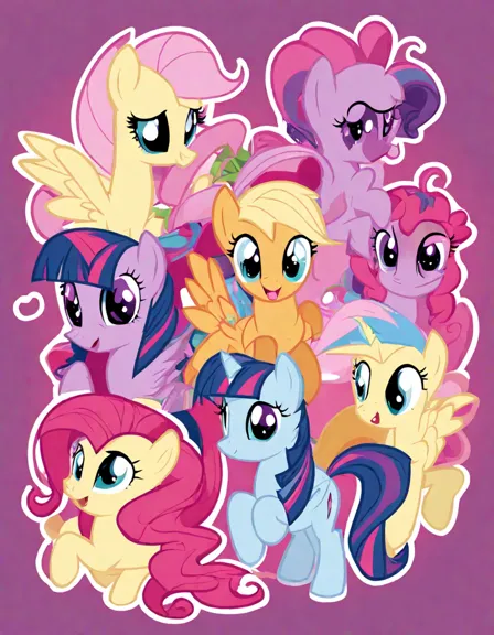 Coloring book image of my little pony characters twilight sparkle, rarity, fluttershy, pinkie pie, applejack, and rainbow dash gather at the friendship festival in color