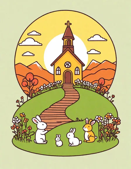 easter sunrise service coloring page with people gathering in a meadow, chapel silhouette in the background in color