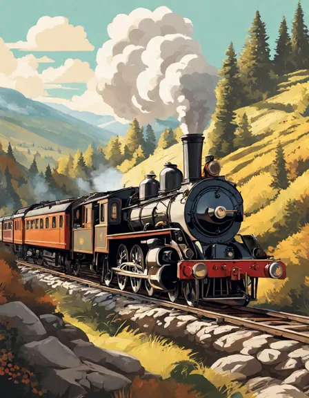 coloring book page featuring detailed illustrations of historical trains and landscapes in color