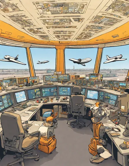 coloring book page featuring air traffic control tower view of a busy airport with planes and details in color