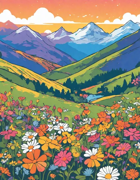 serene coloring book page depicts a vibrant mountain landscape alive with wildflowers bursting into bloom, set against towering peaks and rolling hills in color