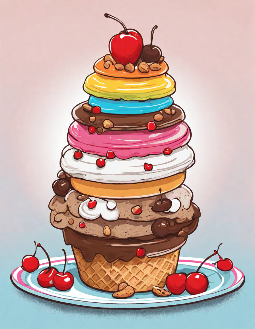 coloring page of a whimsical ice cream sandwich tower with various flavors and toppings in color