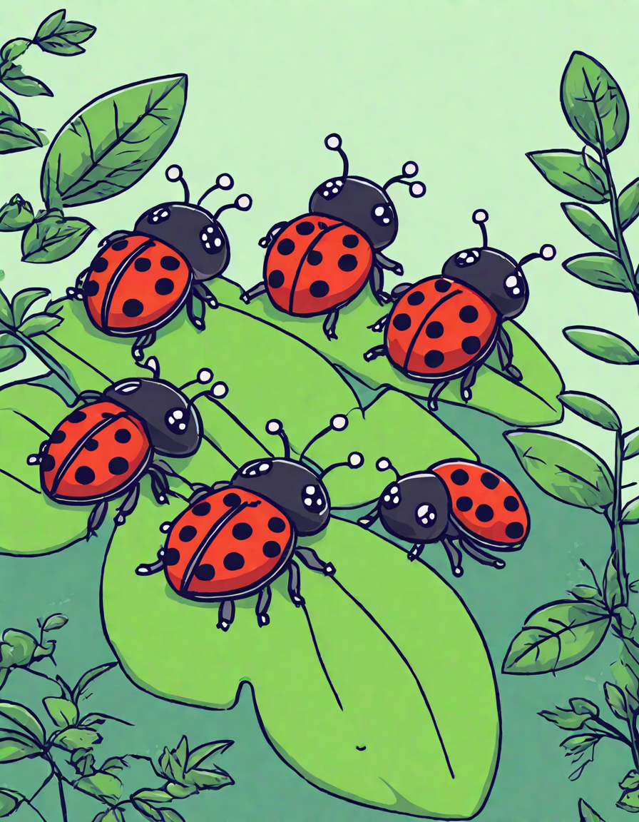 coloring page featuring three unique-patterned ladybugs on a detailed garden leaf with surrounding foliage in color
