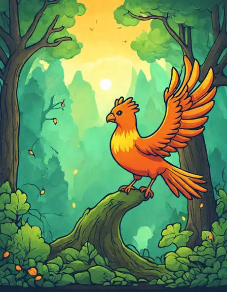 Coloring book image of majestic phoenix rebirth in enchanted forest surrounded by mystical creatures and twinkling trees in color