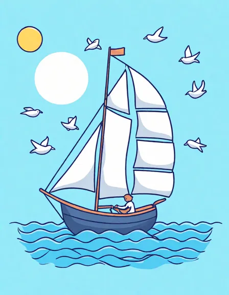 coloring book image of a sailboat on the ocean with birds, inviting personal color additions in color