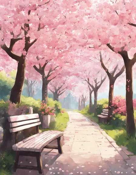 coloring book page featuring a serene cherry blossom garden with a bench and falling petals in color