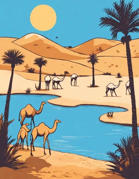 coloring page featuring an egyptian oasis with palm trees, camels, and ibises under a sunny sky in color