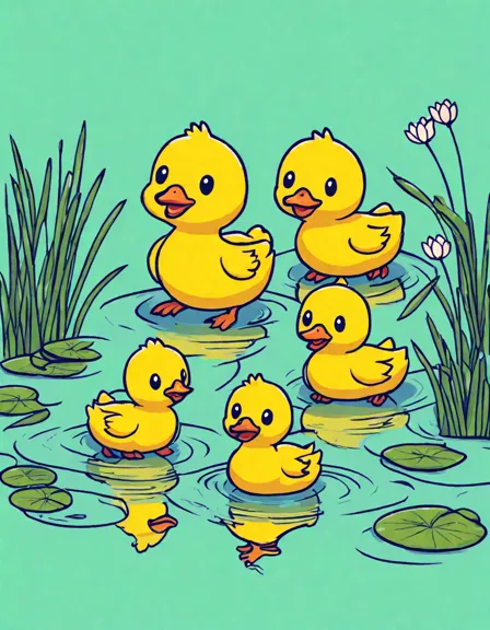 coloring page of ducklings playing in a pond with water lilies, promoting creativity in children in color