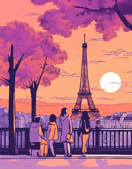 coloring page of the eiffel tower at sunset with vibrant orange, pink, and purple skies, tourists at the base, parklands, and cityscape in the background in color