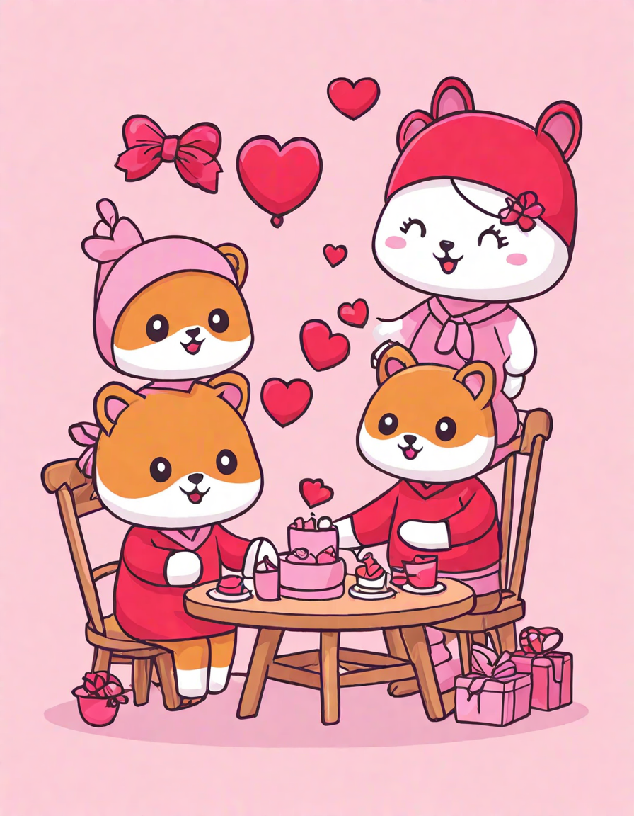 Coloring book image of friends crafting handmade valentines at a cluttered table filled with crafting materials in color