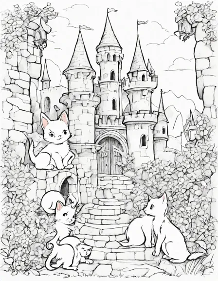 coloring book page featuring castle pets with accessories in a medieval castle setting in color