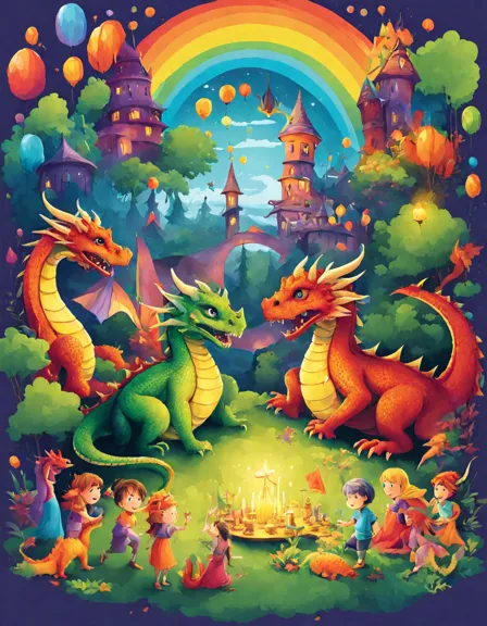 Coloring book image of enchanting dragon carnival with children and dragons playing games and enjoying aerial shows in color